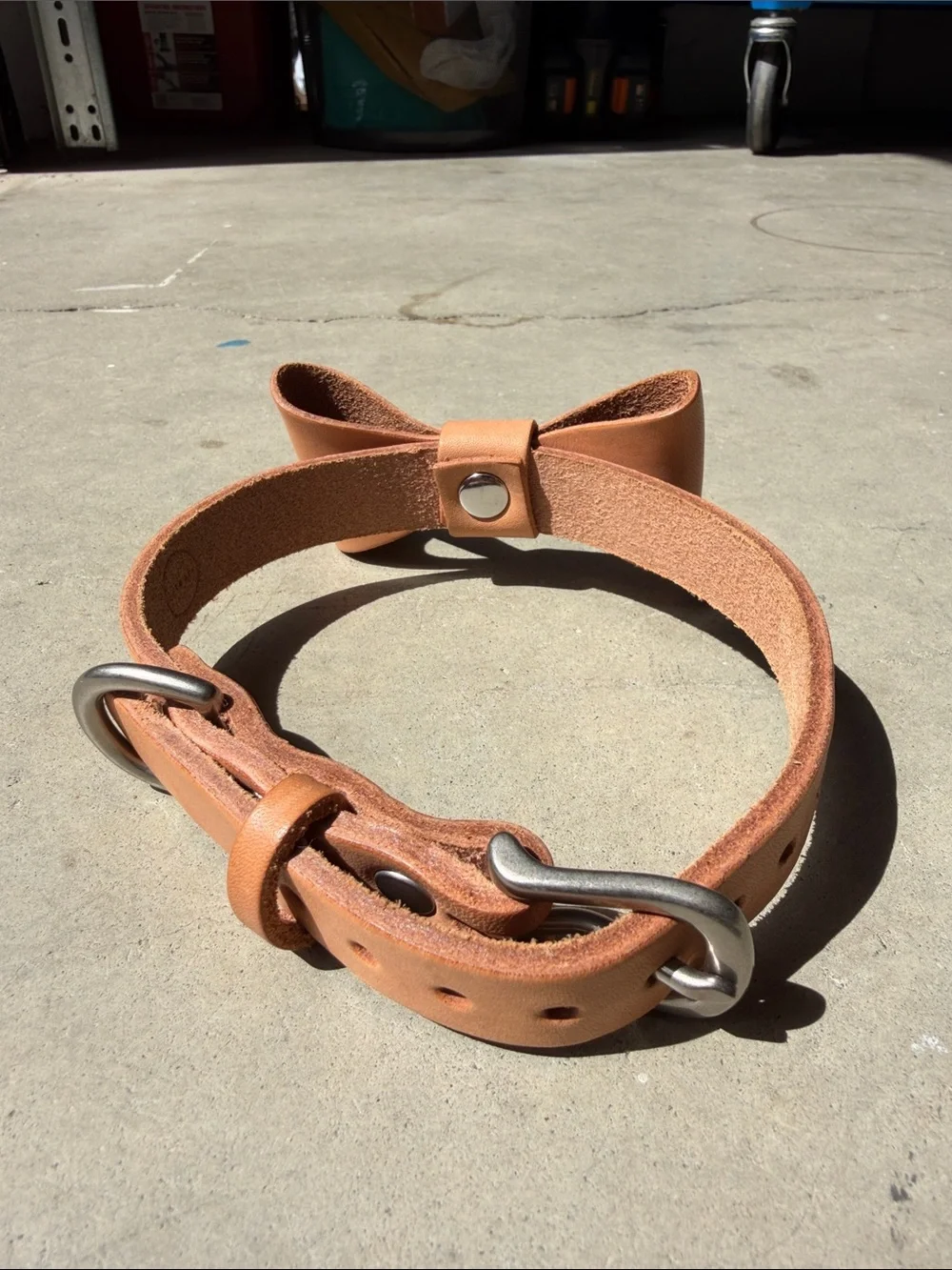 Peach Leather Bow Dog Collar with Silver Hardware - Designer Style